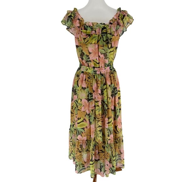 Lavender Brown Floral Off-Shoulder Ruffle Maxi Dress Womens M Polyester Blend - Picture 2 of 4